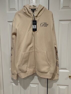 True Religion Men’s  Cream Zip-Up Hoodie with Script Logo